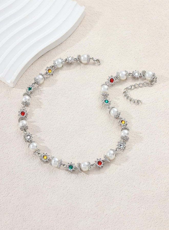 Bowdcvy Gold Pearl Choker Necklace for Women Colorful Daisy Rhinestone Flower Chunky Statement Necklaces Fashion Jewelry Gift Accessories (silver) - Image 4